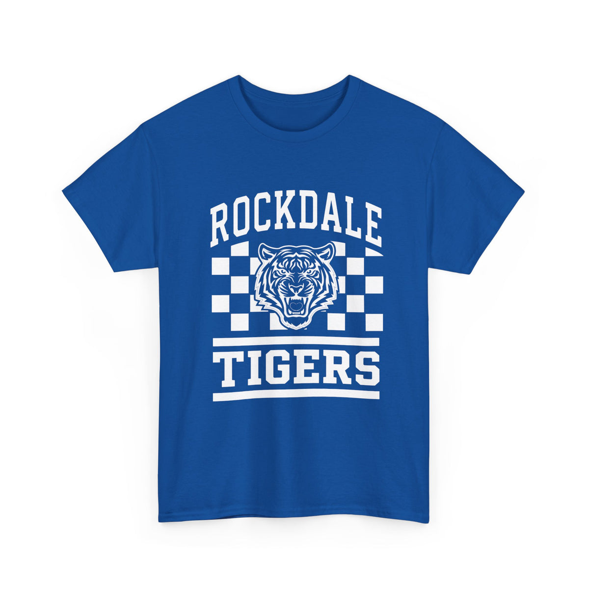 Rockdale Tigers School Spirit T-Shirt — Mascot Tee with Checkerboard Design - Royal