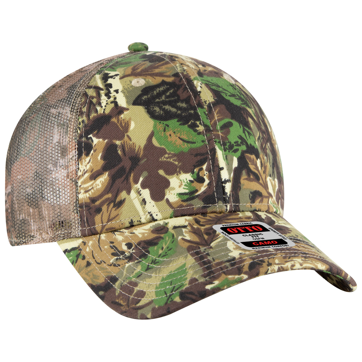 Otto Cap 105 Camo 6 Panel Low Profile Mesh Back Trucker Hat - Light Loden/Brown/Kelly