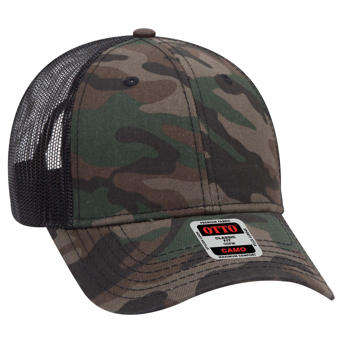 Otto Cap 105 Camo 6 Panel Low Profile Mesh Back Trucker Hat - Camo/Black
