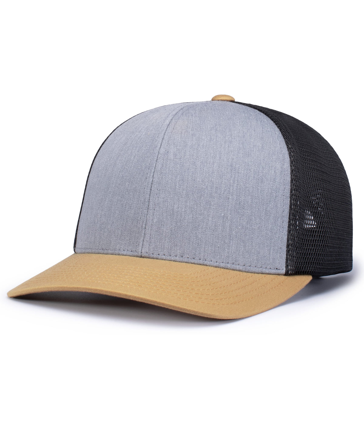 Pacific Headwear Trucker Flexfit Snapback Cap - HEATHER GREY/LT CHARCOAL/AMBER