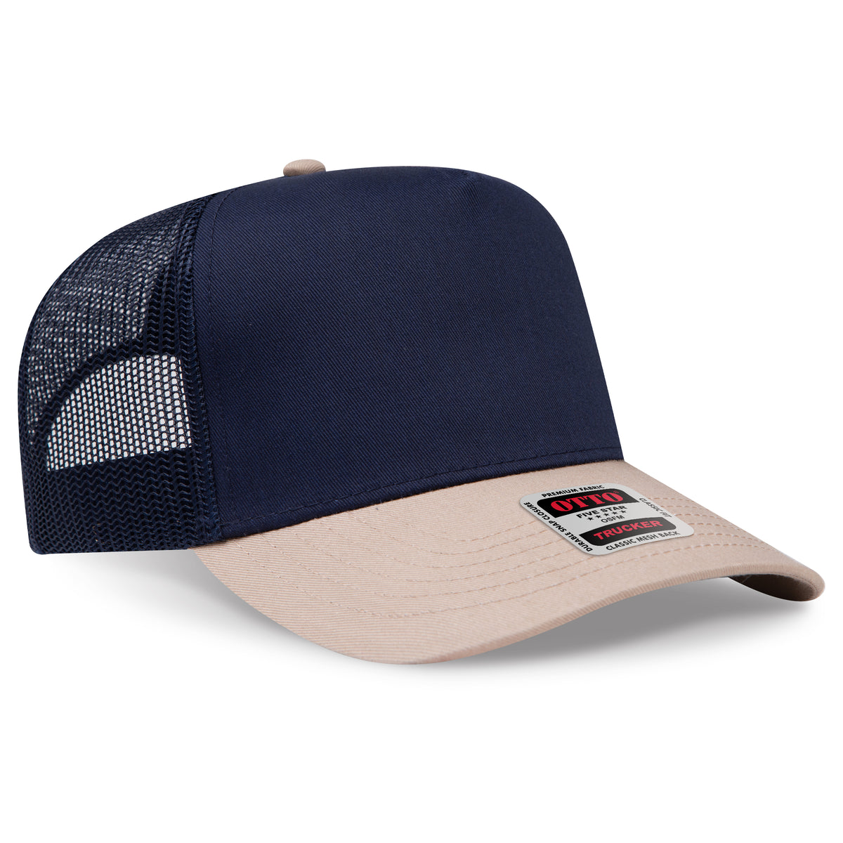 Otto Cap 32-285 5 Panel Mid Profile Mesh Back Trucker Hat - Khaki/Navy