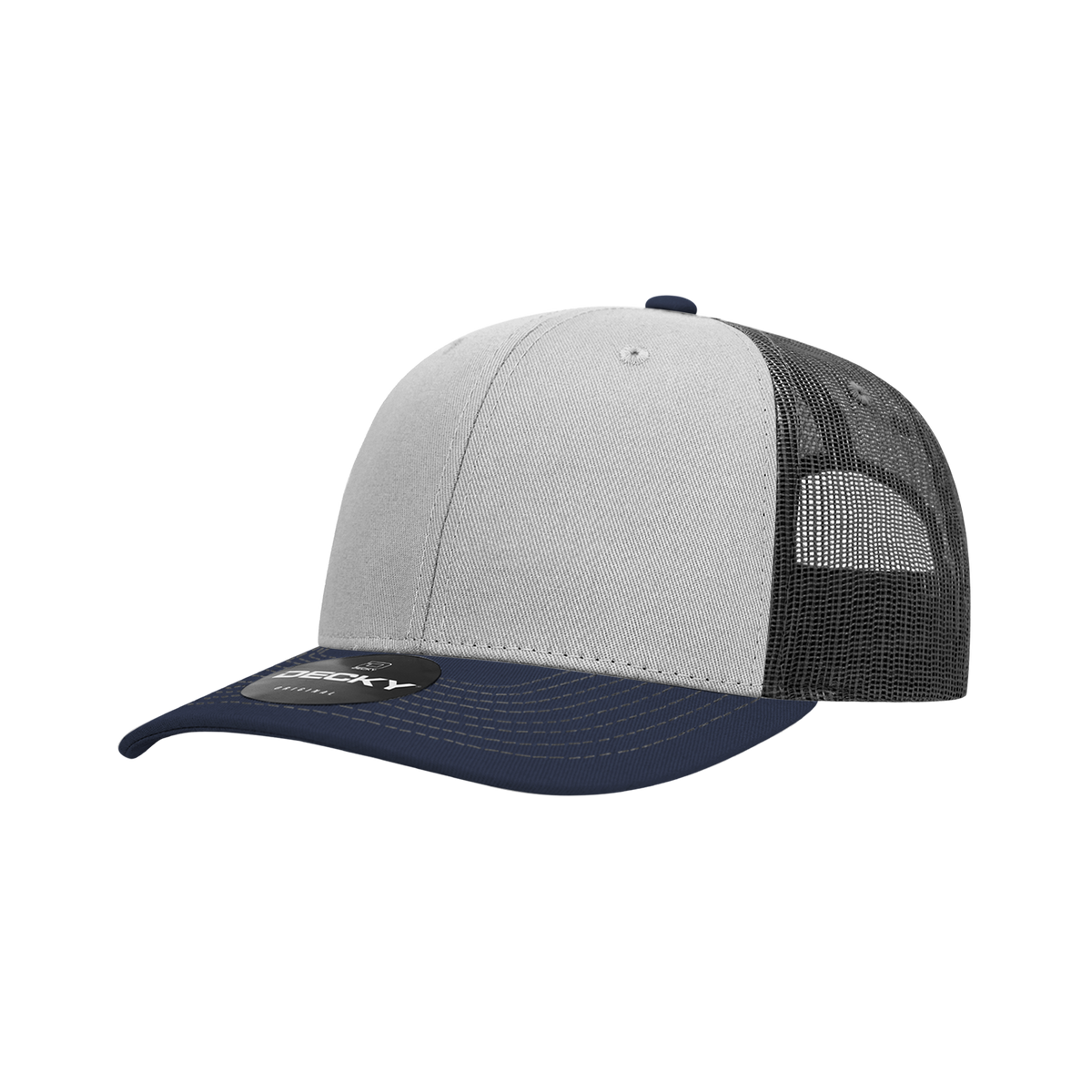 Decky 6031 6 Panel Mid Profile Structured Contra-Stitch Trucker - Nvy/Gry/Cha