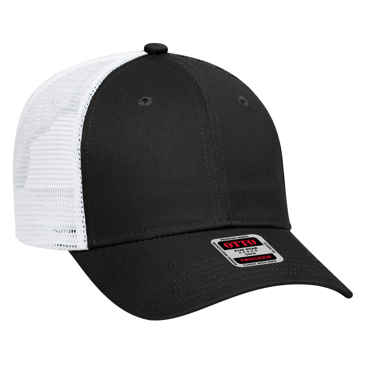Otto Cap 83-473 6 Panel Low Profile Mesh Back Trucker Hat - Black/Black/White