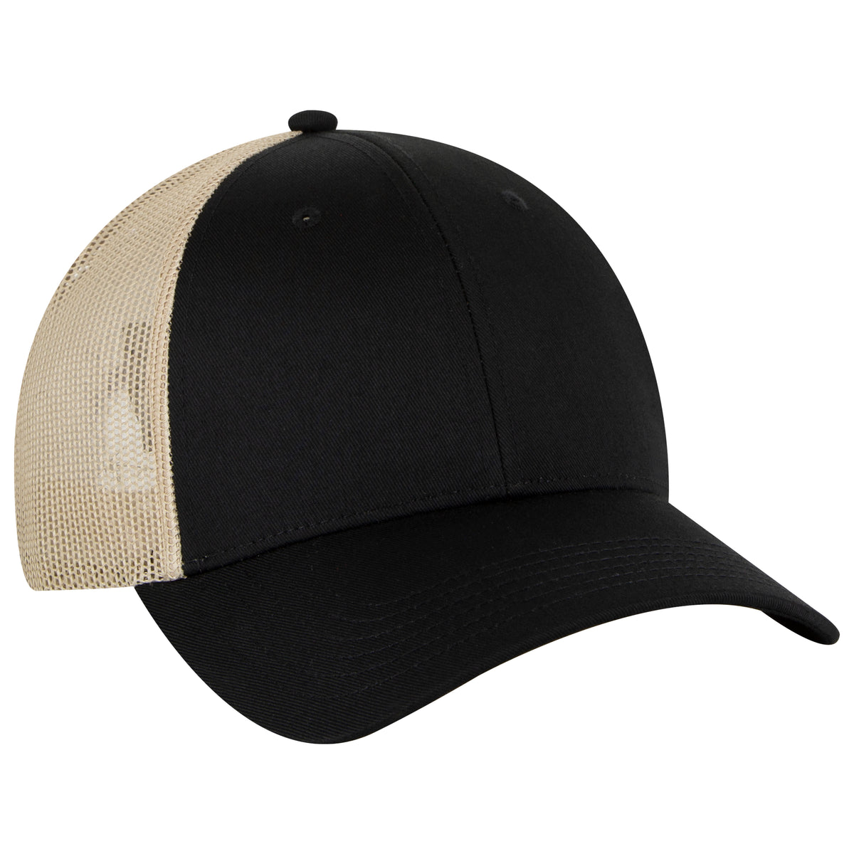 Otto Cap 83-473 6 Panel Low Profile Mesh Back Trucker Hat - Black/Black/Khaki