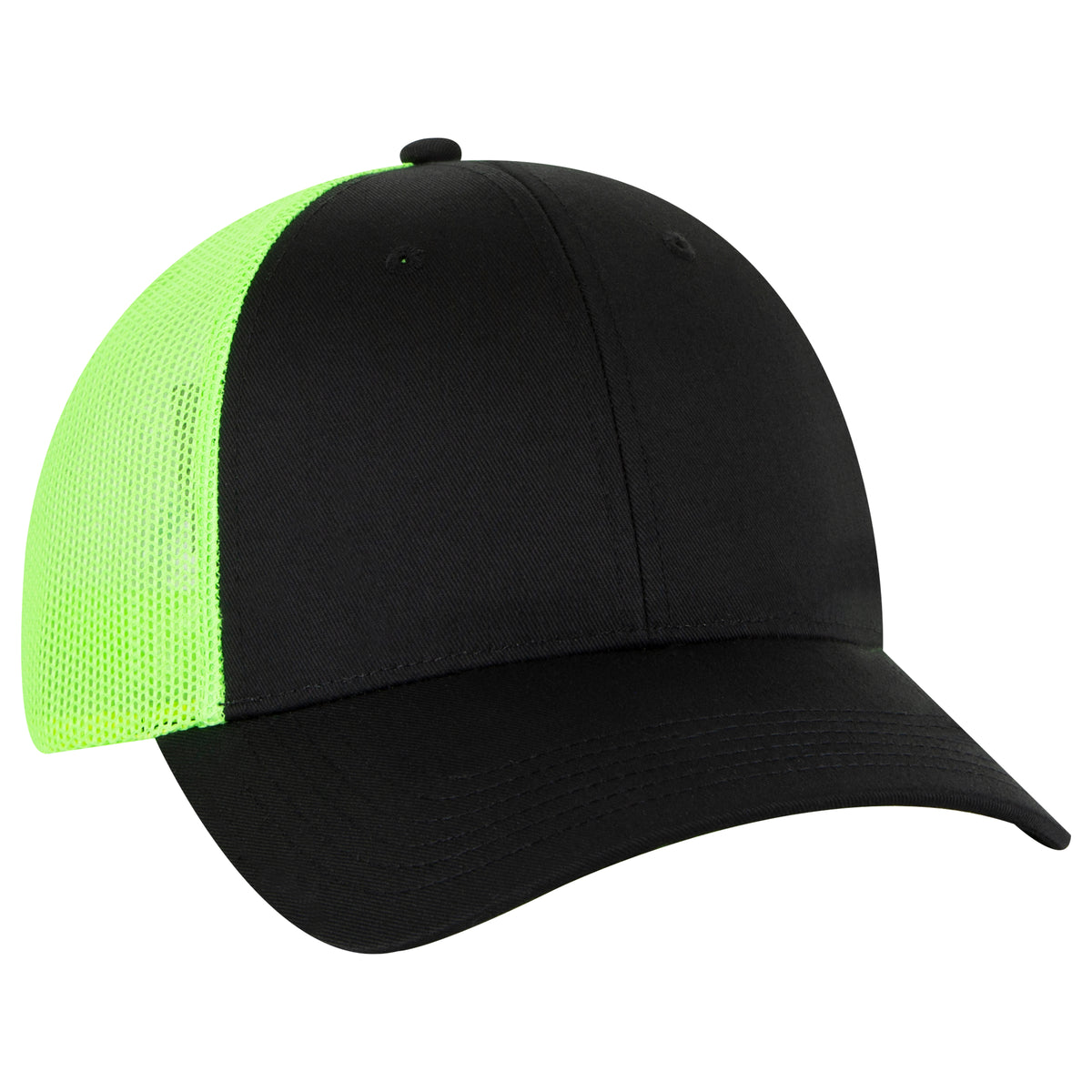 Otto Cap 83-473 6 Panel Low Profile Mesh Back Trucker Hat - Black/Black/Neon Green