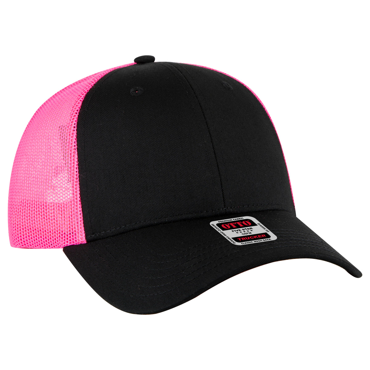 Otto Cap 83-473 6 Panel Low Profile Mesh Back Trucker Hat - Black/Black/Neon Pink