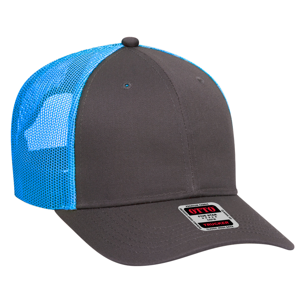 Otto Cap 83-473 6 Panel Low Profile Mesh Back Trucker Hat - Charcoal Gray/Charcoal Gray/Neon Blue