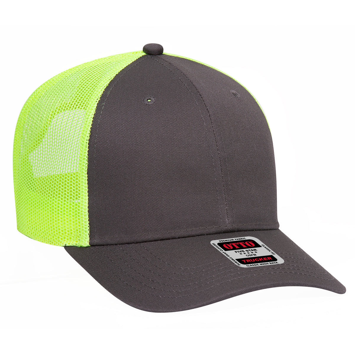 Otto Cap 83-473 6 Panel Low Profile Mesh Back Trucker Hat - Charcoal Gray/Charcoal Gray/Neon Yellow