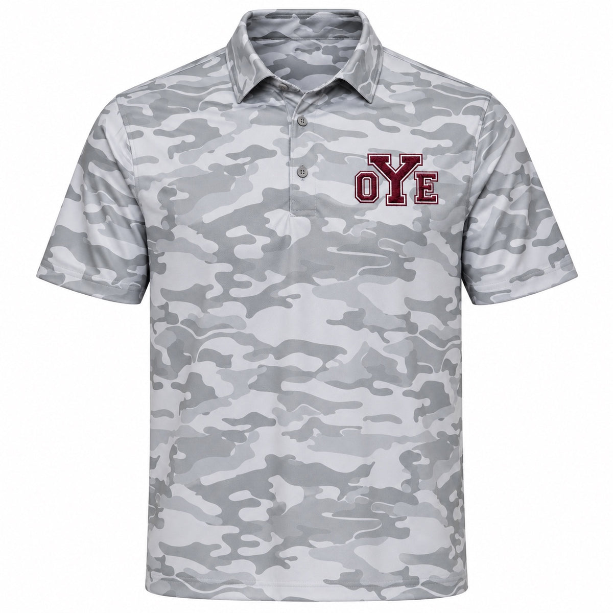 Cameron Yoemen camo polo with embroidered oYE left chest logo