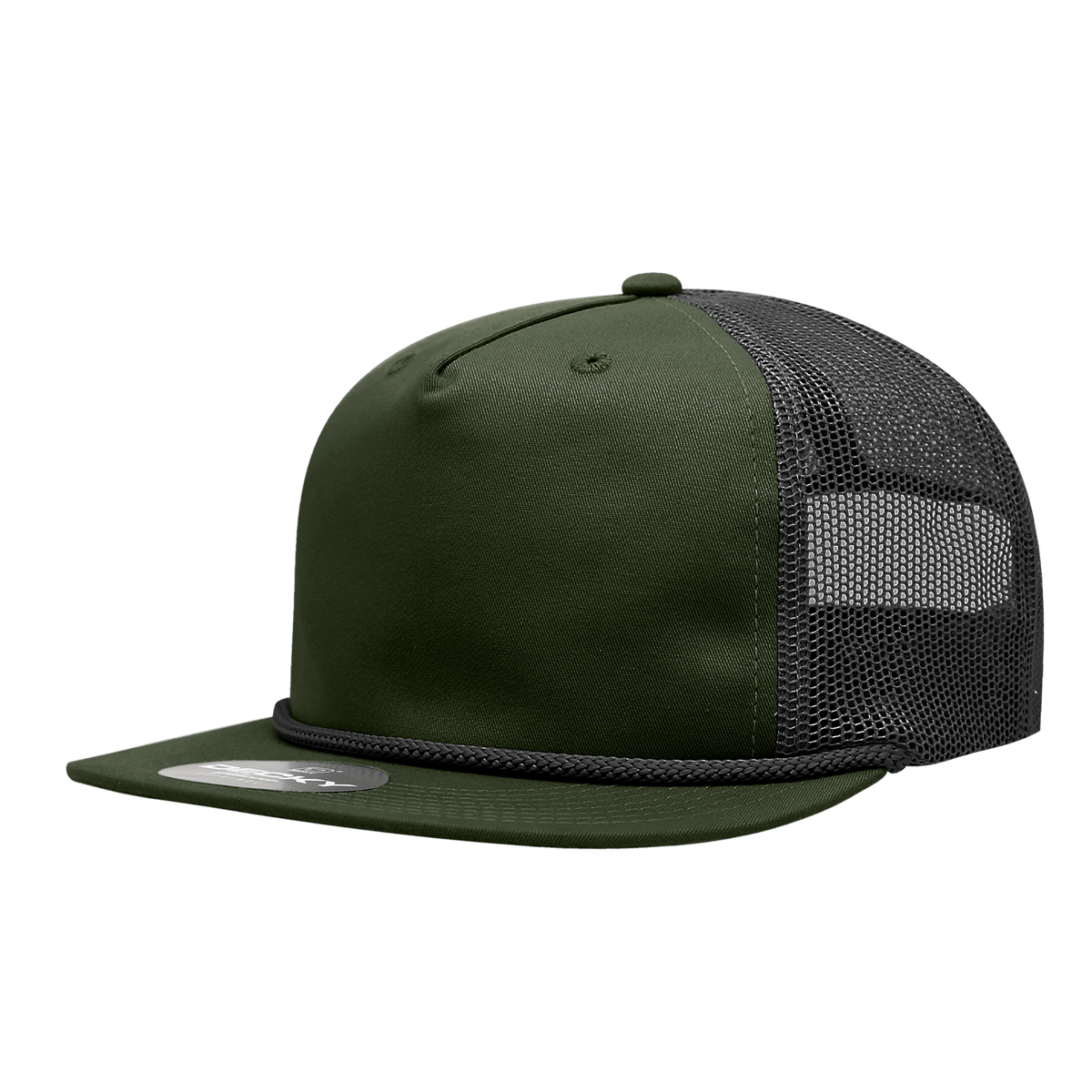Decky Olive/Black / Standard 5 Panel High Profile Relaxed Cotton Blend Trucker w/Rope