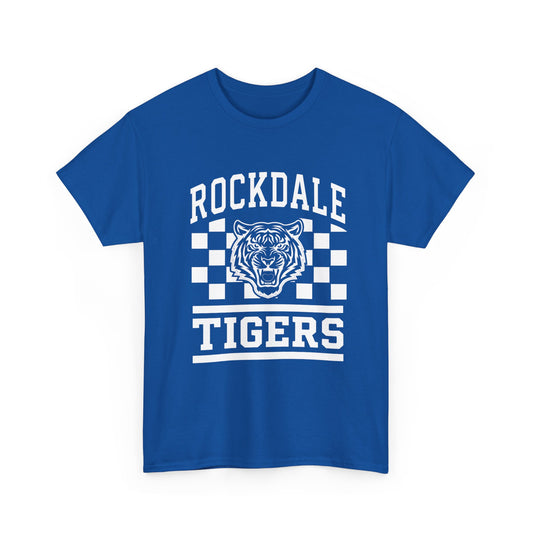 Rockdale Tigers School Spirit T-Shirt — Mascot Tee with Checkerboard Design - Royal