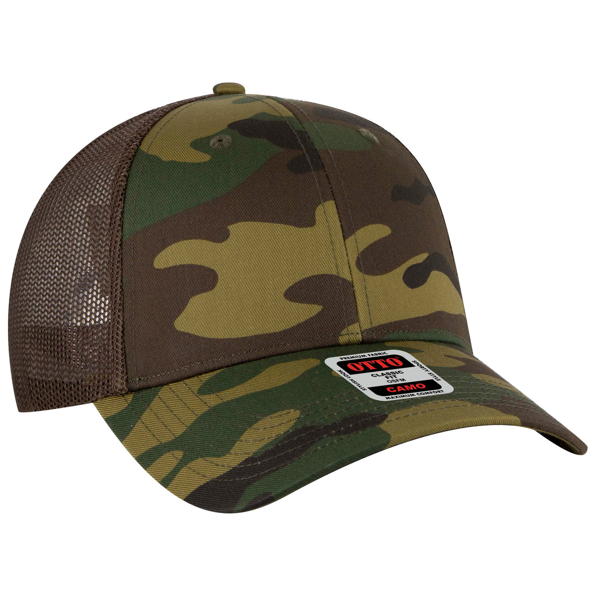 Otto Cap 105 Camo 6 Panel Low Profile Mesh Back Trucker Hat - Dark Green/Brown/Dark Brown