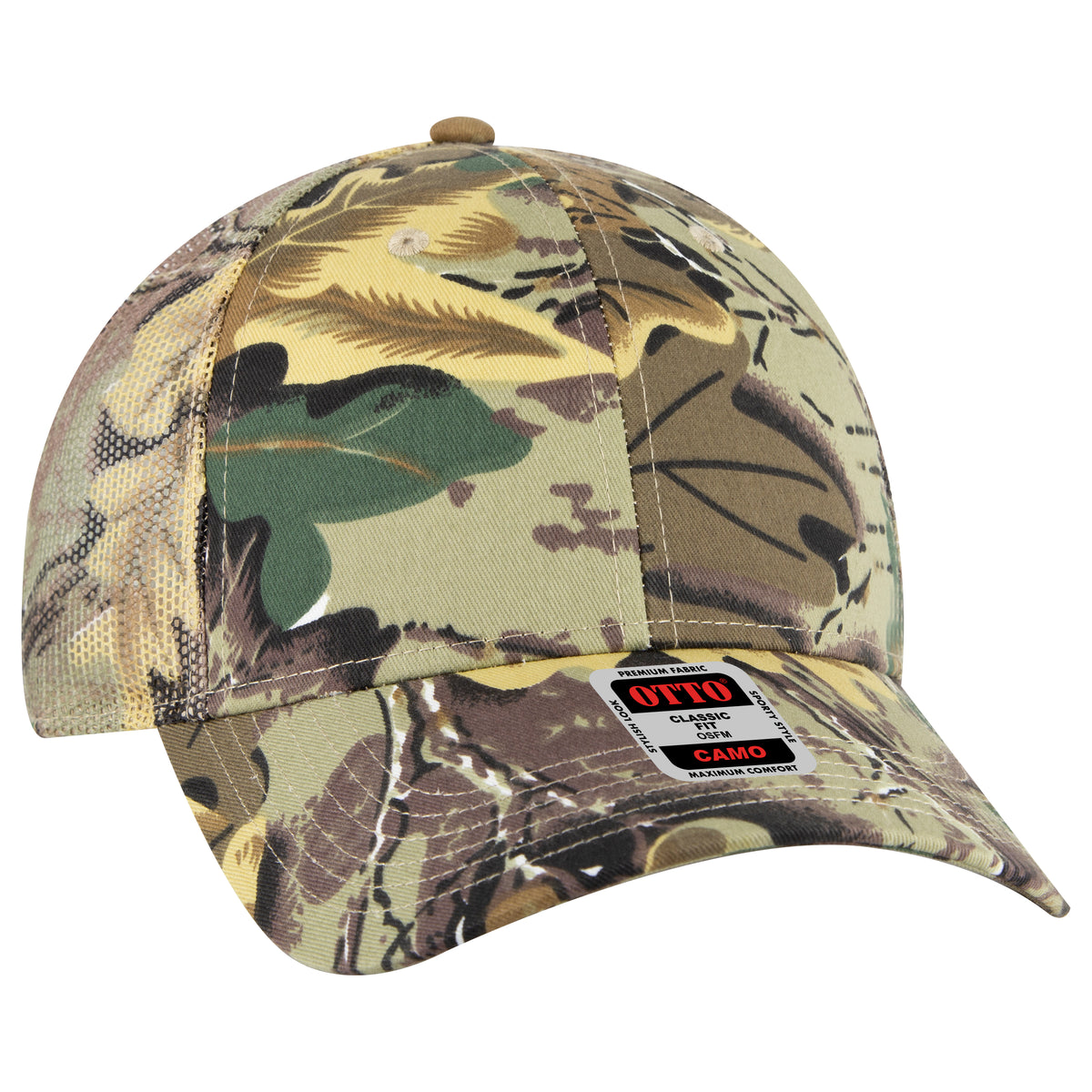Otto Cap 105 Camo 6 Panel Low Profile Mesh Back Trucker Hat - Khaki/Brown/Light Olive