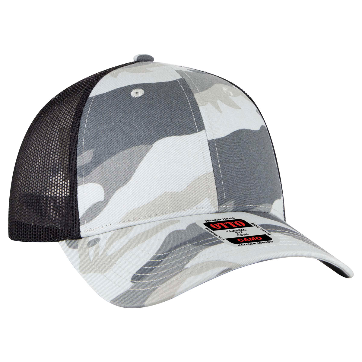 Otto Cap 105 Camo 6 Panel Low Profile Mesh Back Trucker Hat - Stone Gray/Gray/Black