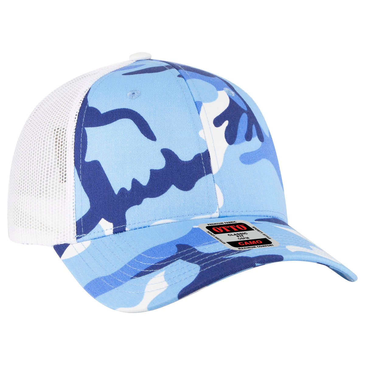 Otto Cap 105 Camo 6 Panel Low Profile Mesh Back Trucker Hat - Aqua/Lake Blue/White
