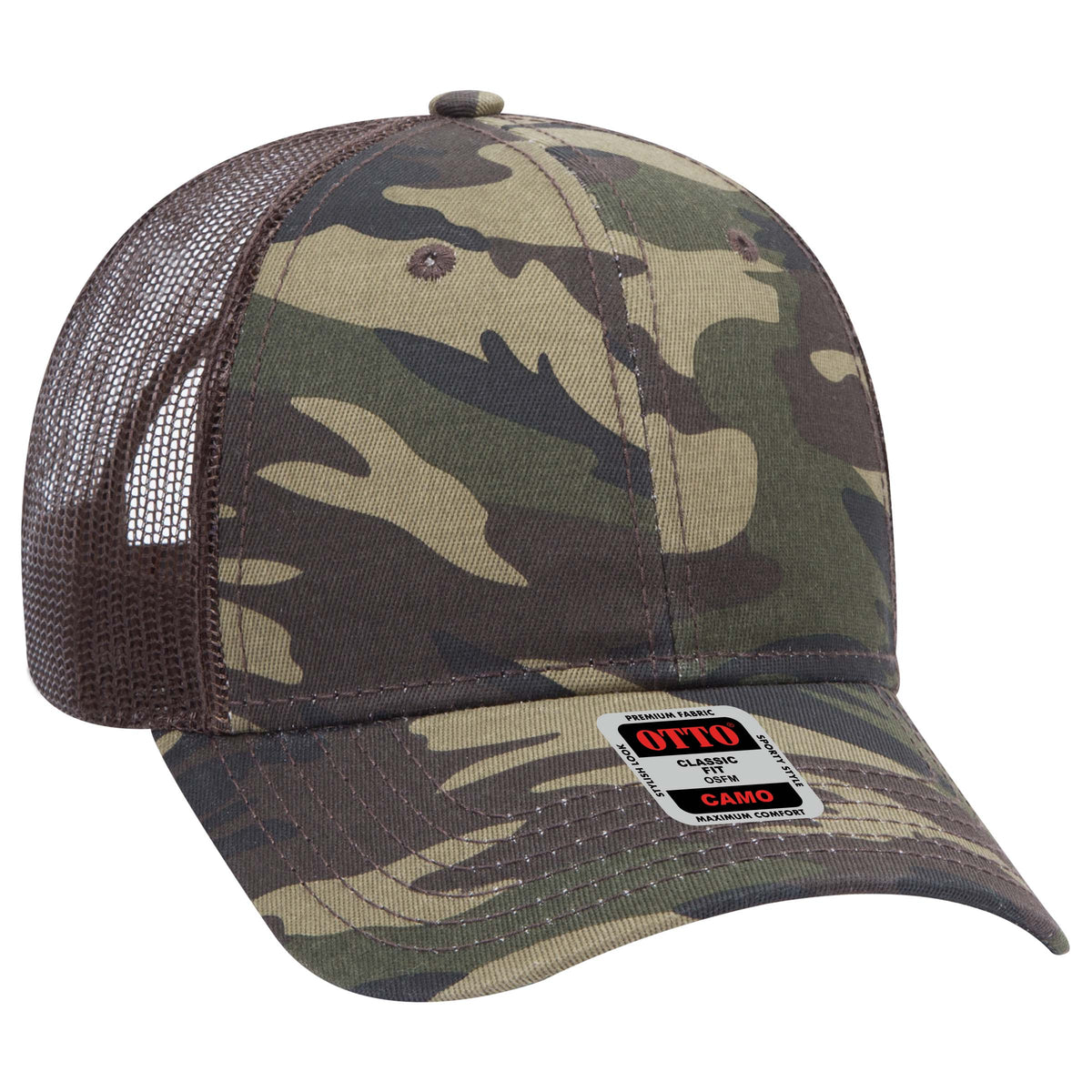 Otto Cap 105 Camo 6 Panel Low Profile Mesh Back Trucker Hat - Camo/Dark Brown