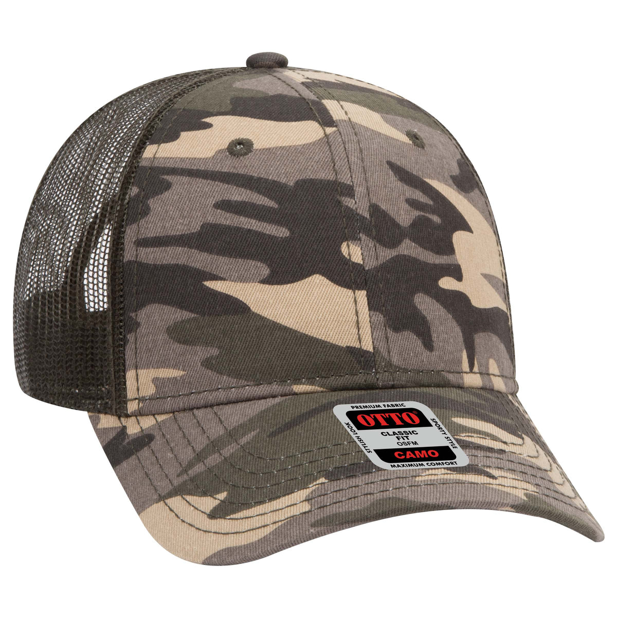 Otto Cap 105 Camo 6 Panel Low Profile Mesh Back Trucker Hat - Camo/Olive Mesh