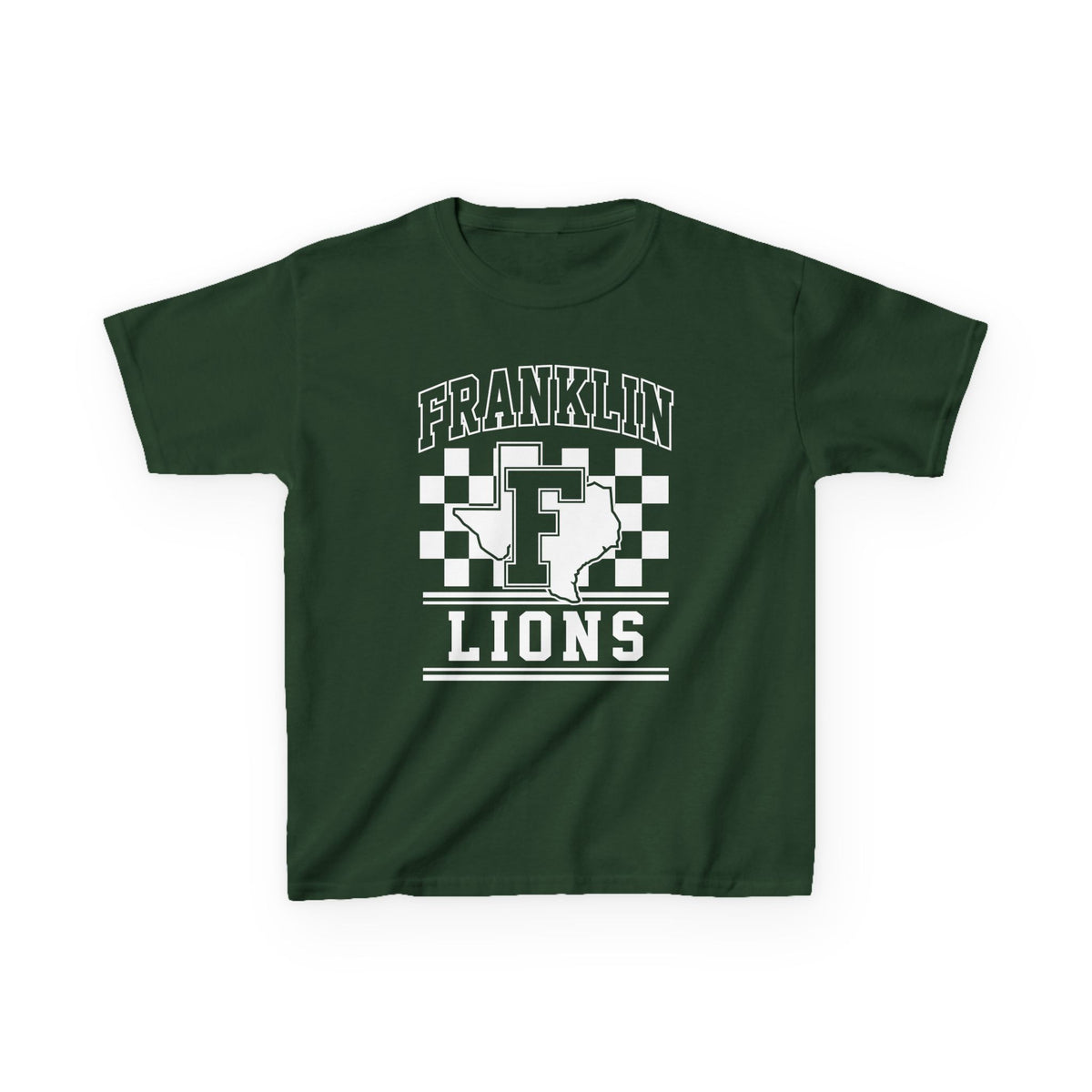 Youth Franklin Lions T‑Shirt — School Spirit Checkerboard Tee - Forest Green