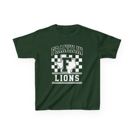 Youth Franklin Lions T‑Shirt — School Spirit Checkerboard Tee - Forest Green
