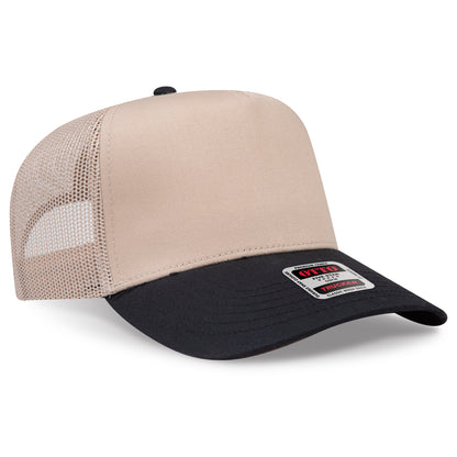 Otto Cap 32-285 5 Panel Mid Profile Mesh Back Trucker Hat - Black/Khaki