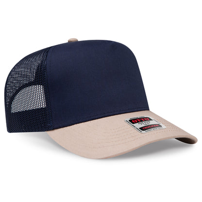 Otto Cap 32-285 5 Panel Mid Profile Mesh Back Trucker Hat - Khaki/Navy