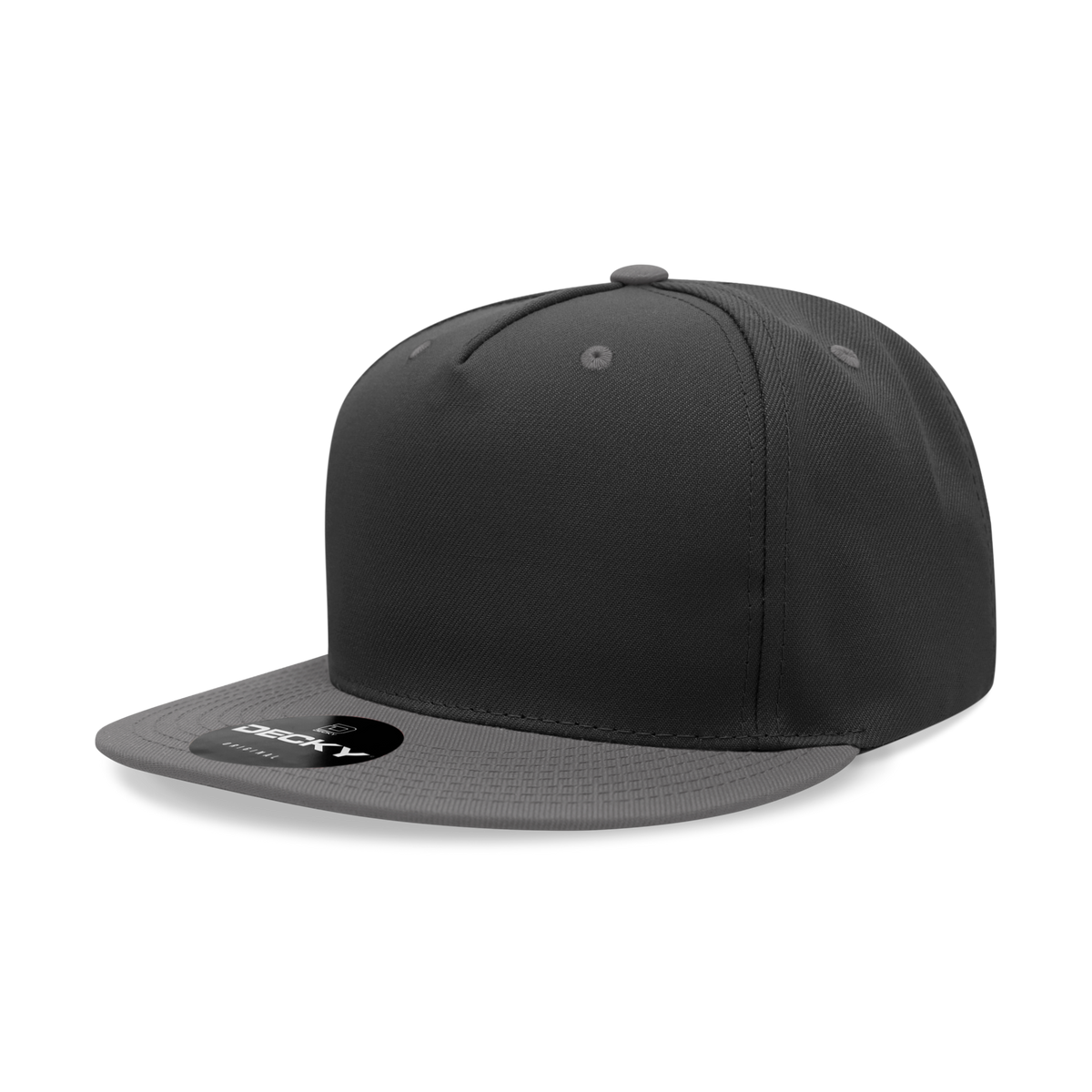 Decky 6029 5 Panel High Profile Polyester Flat Bill Snapback - Black/Charcoal