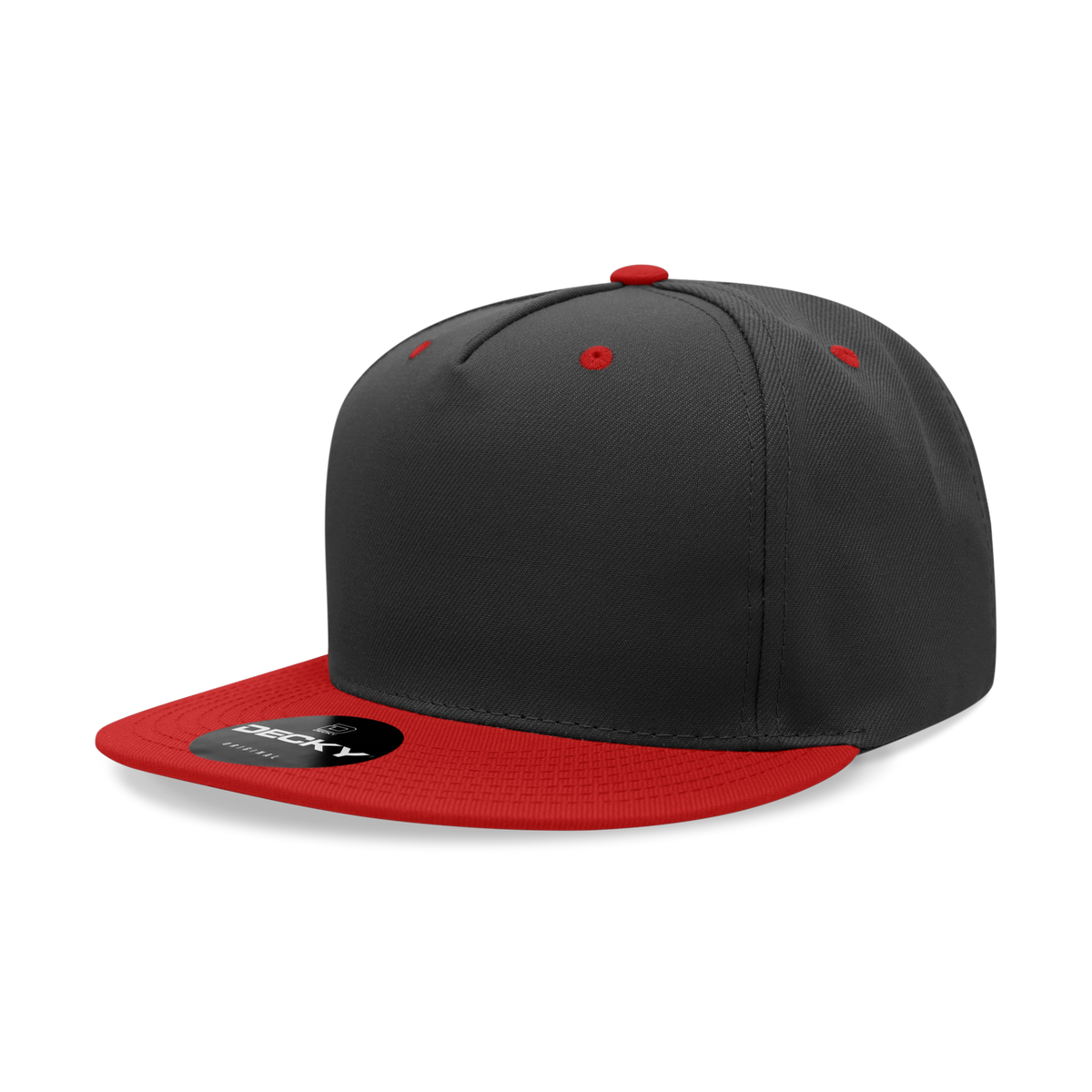 Decky 6029 5 Panel High Profile Polyester Flat Bill Snapback - Black/Red
