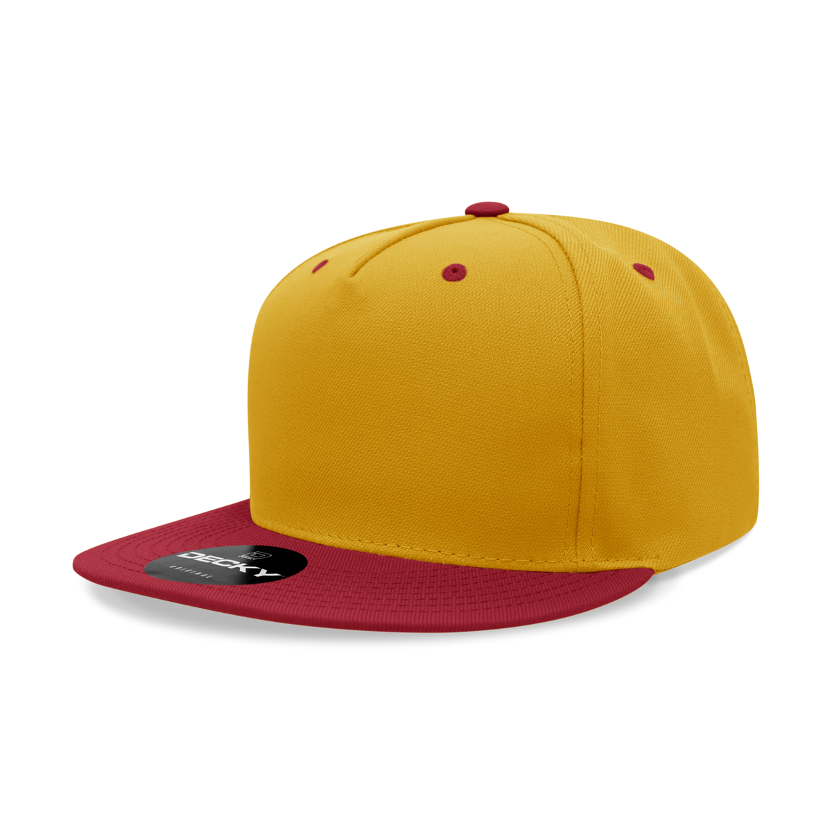Decky 6029 5 Panel High Profile Polyester Flat Bill Snapback - Gold/Cardinal
