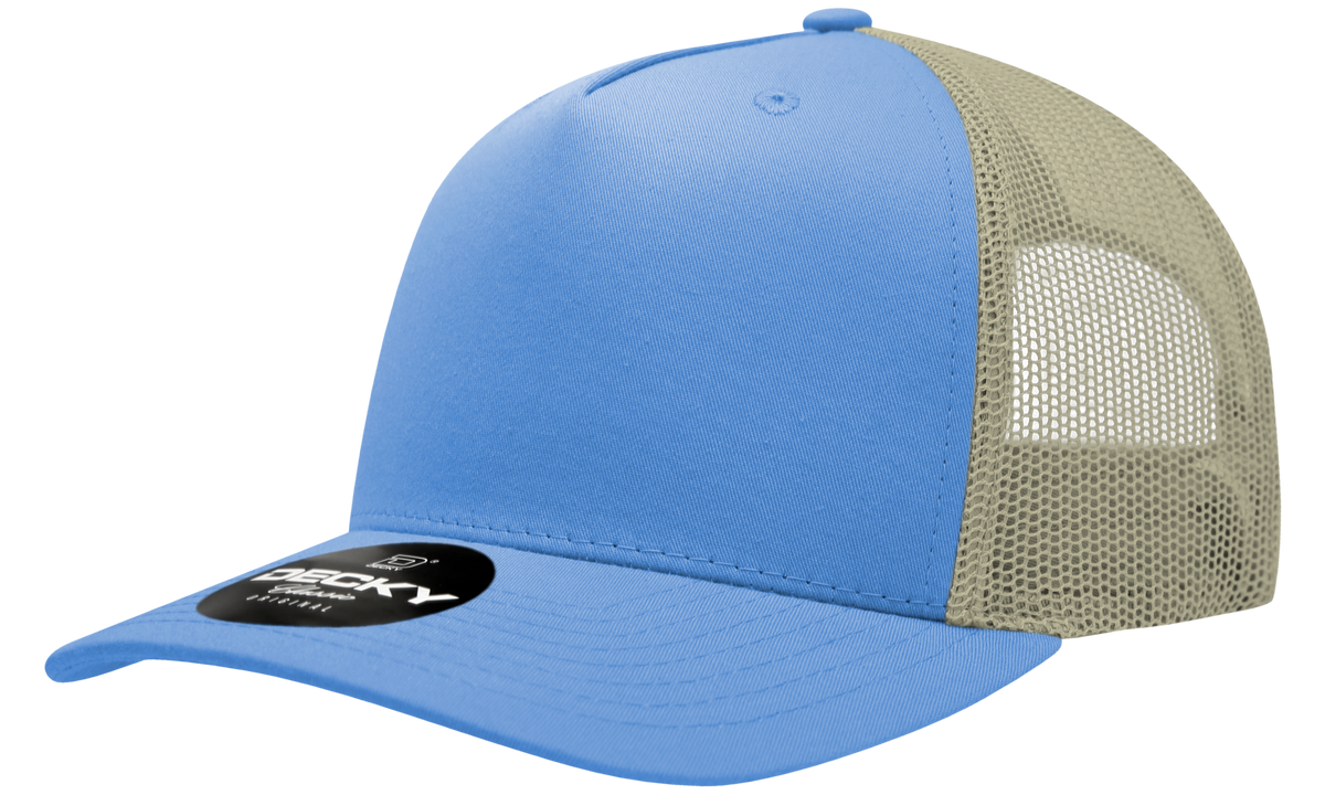 Decky 6030 5 Panel Mid Profile Structured Cotton Blend Trucker - Sky/Khaki