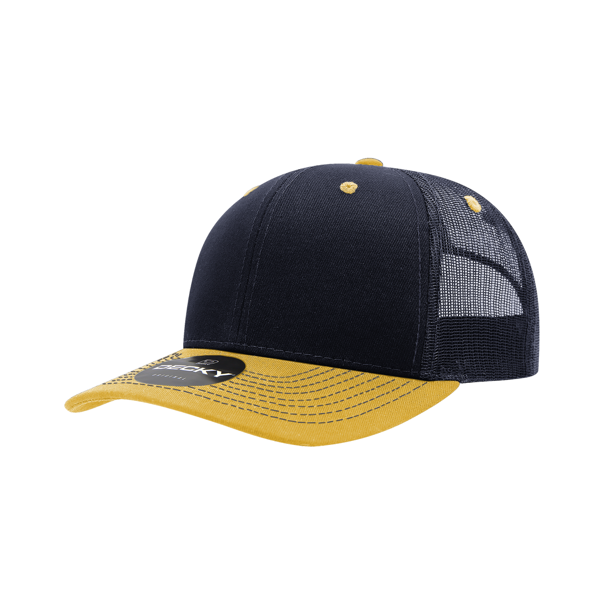Decky 6031 6 Panel Mid Profile Structured Contra-Stitch Trucker - Nvy/Gld