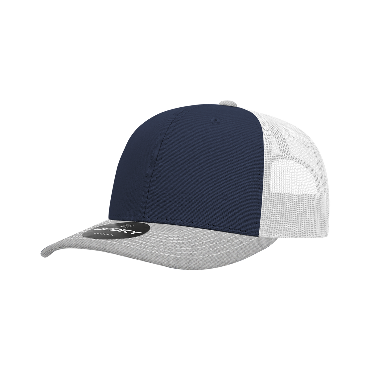 Decky 6031 6 Panel Mid Profile Structured Contra-Stitch Trucker - Hgy/Nvy/Wht