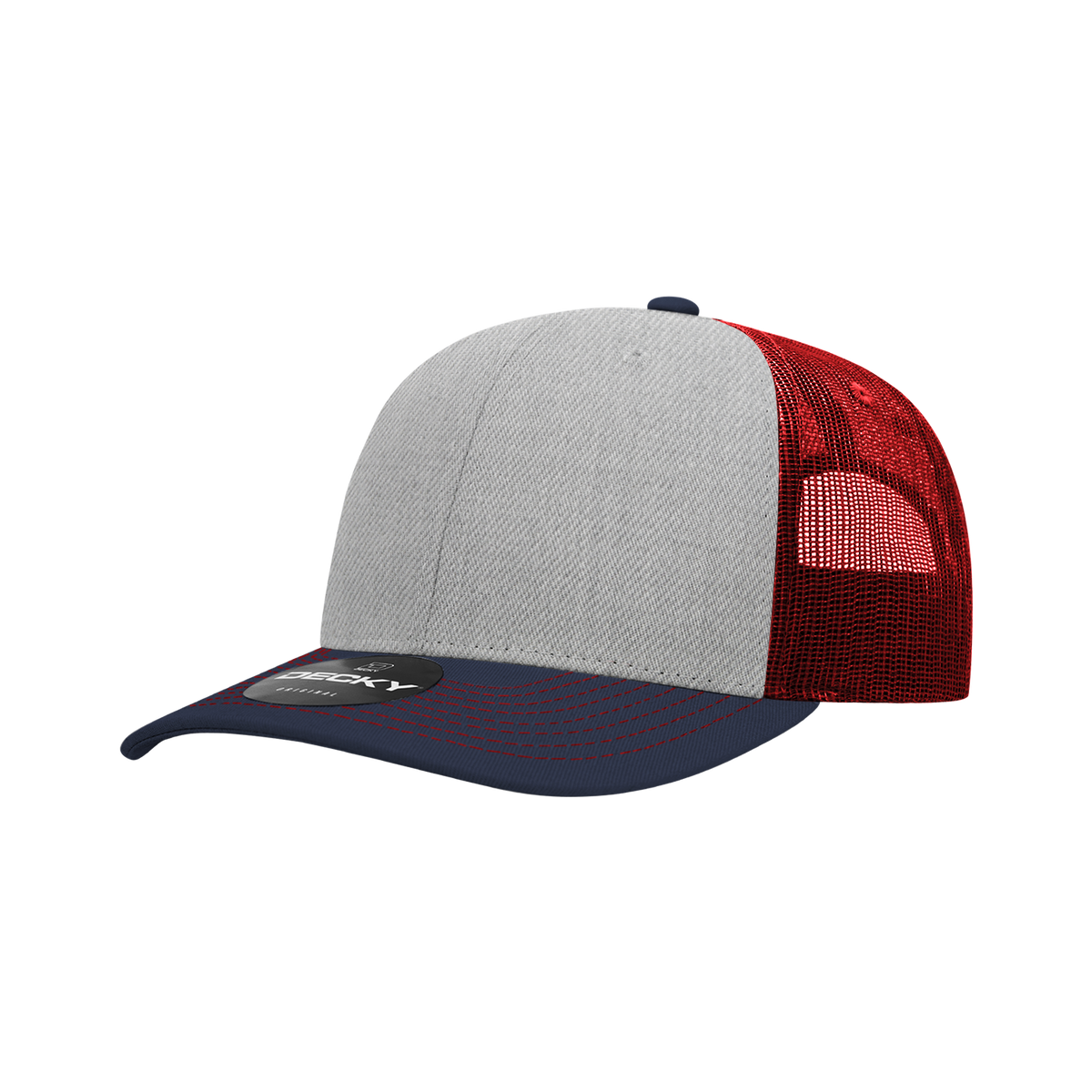Decky 6031 6 Panel Mid Profile Structured Contra-Stitch Trucker - Nvy/Hgy/Car