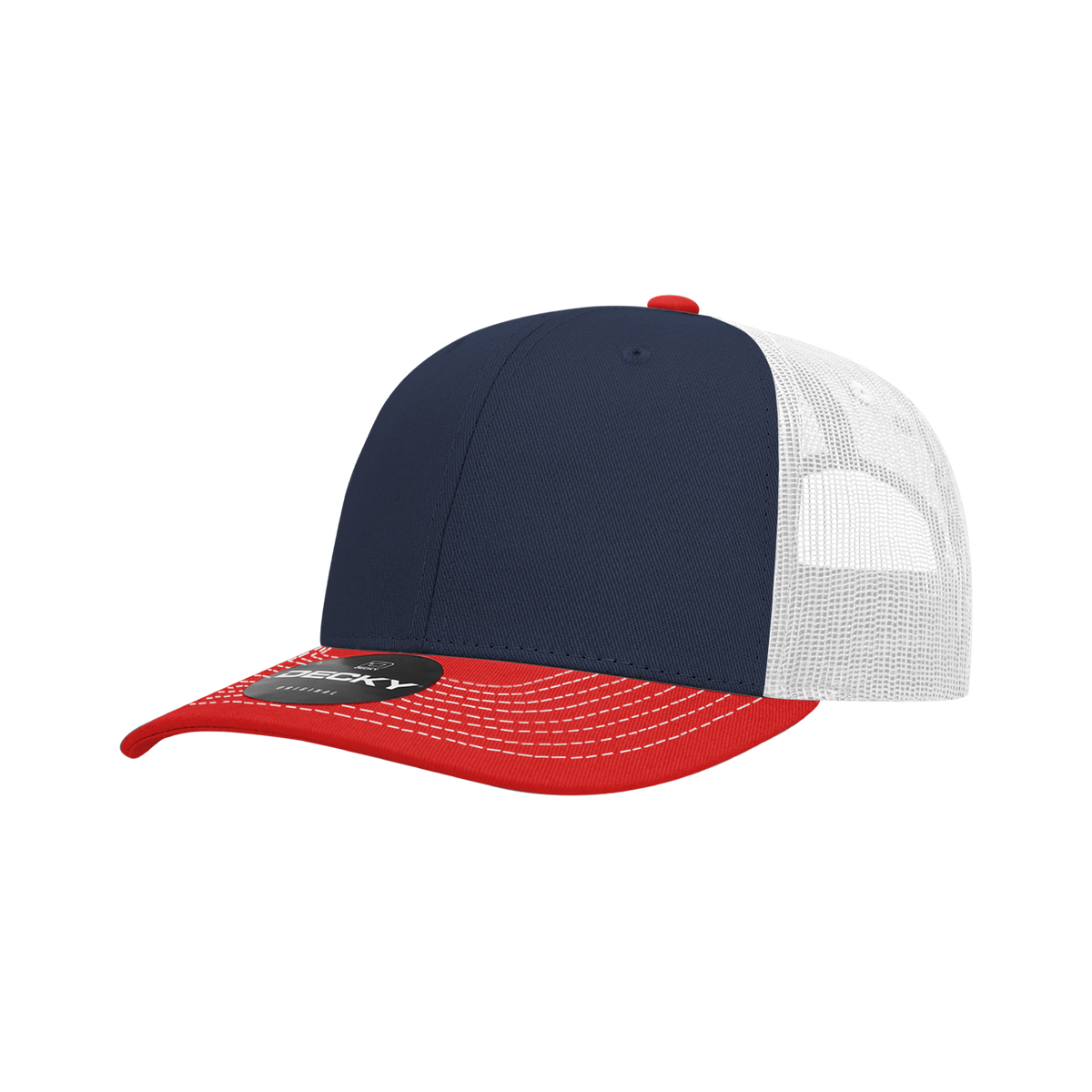 Decky 6031 6 Panel Mid Profile Structured Contra-Stitch Trucker - Red/Nvy/Wht