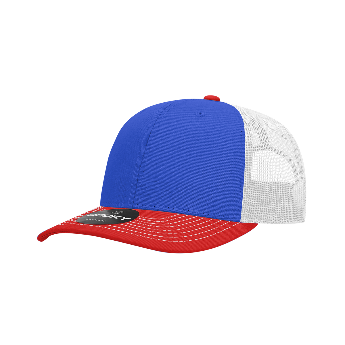 Decky 6031 6 Panel Mid Profile Structured Contra-Stitch Trucker - Red/Ryl/Wht