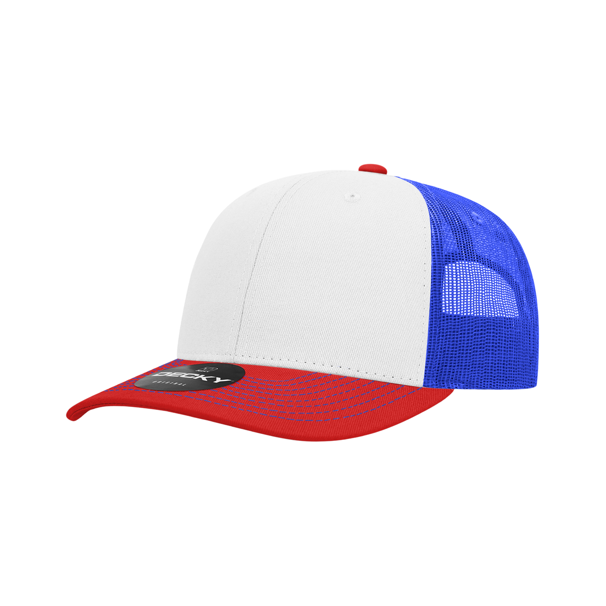 Decky 6031 6 Panel Mid Profile Structured Contra-Stitch Trucker - Red/Wht/Ryl