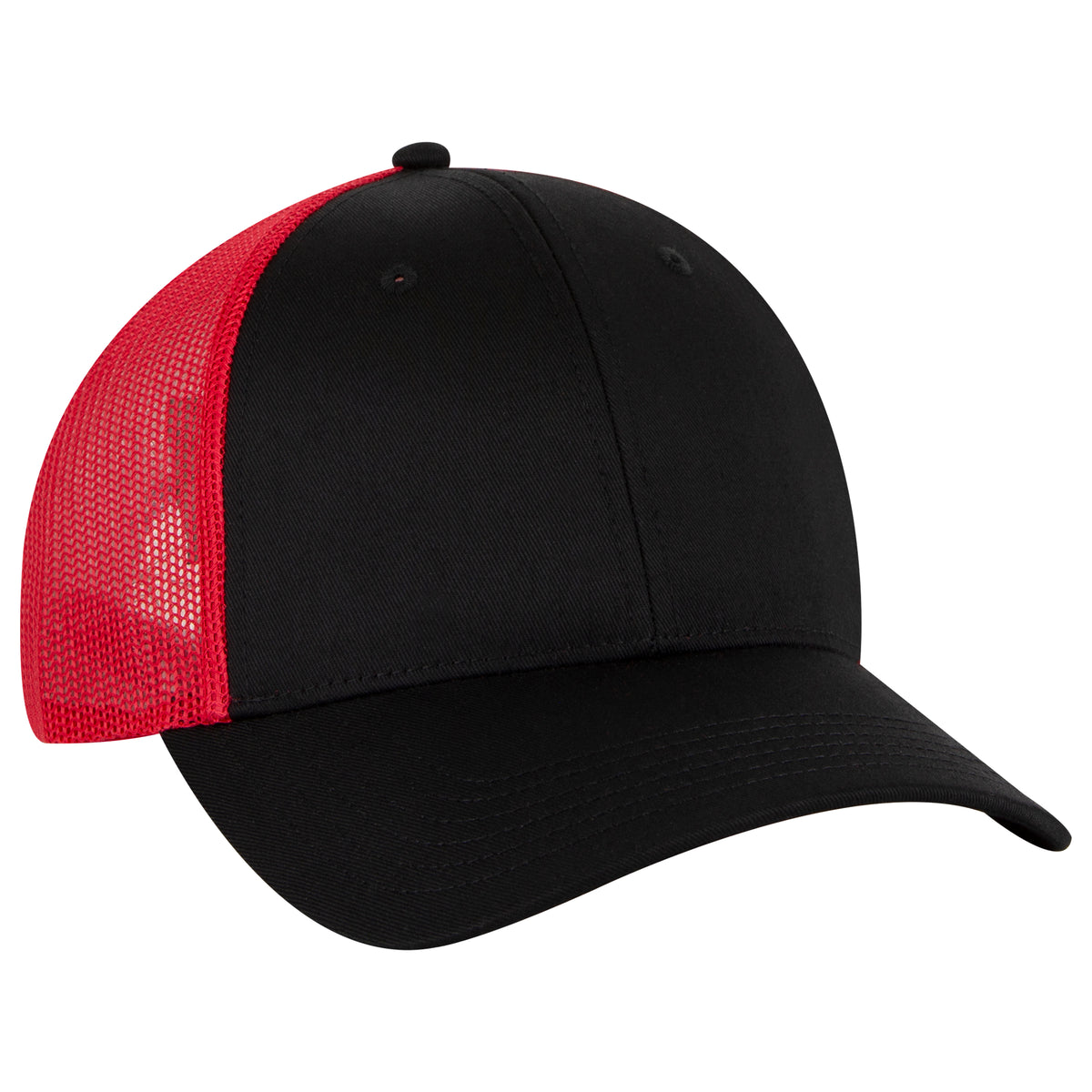 Otto Cap 83-473 6 Panel Low Profile Mesh Back Trucker Hat - Black/Black/Red