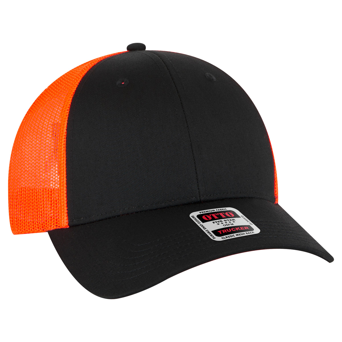 Otto Cap 83-473 6 Panel Low Profile Mesh Back Trucker Hat - Black/Black/Neon Orange