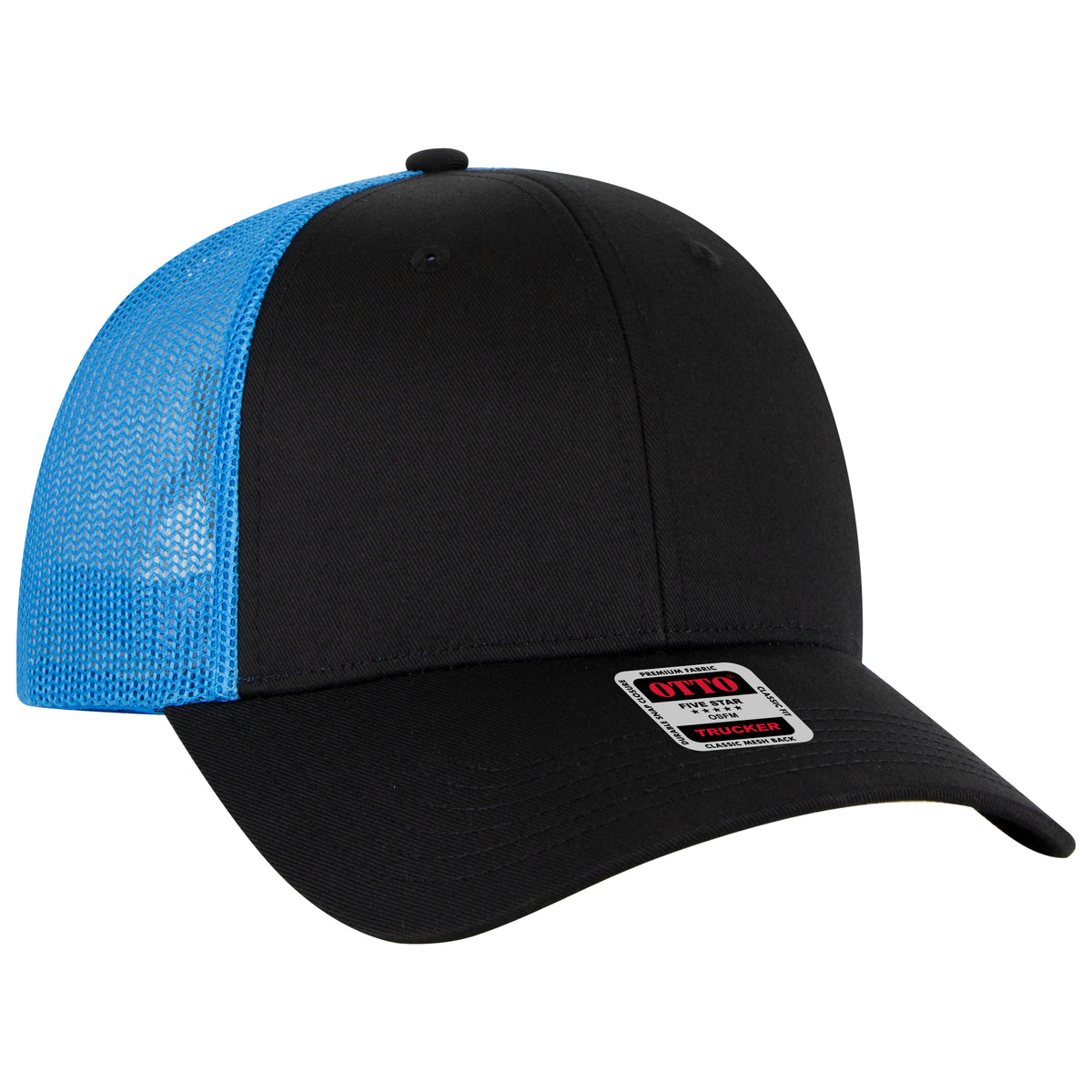 Otto Cap 83-473 6 Panel Low Profile Mesh Back Trucker Hat - Black/Black/Neon Blue