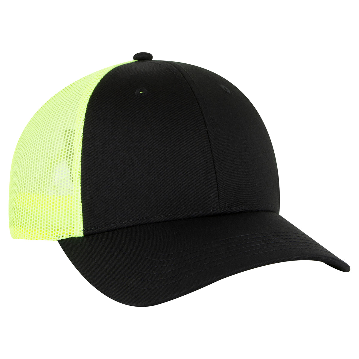 Otto Cap 83-473 6 Panel Low Profile Mesh Back Trucker Hat - Black/Black/Neon Yellow