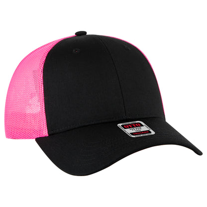 Otto Cap 83-473 6 Panel Low Profile Mesh Back Trucker Hat - Black/Black/Neon Pink