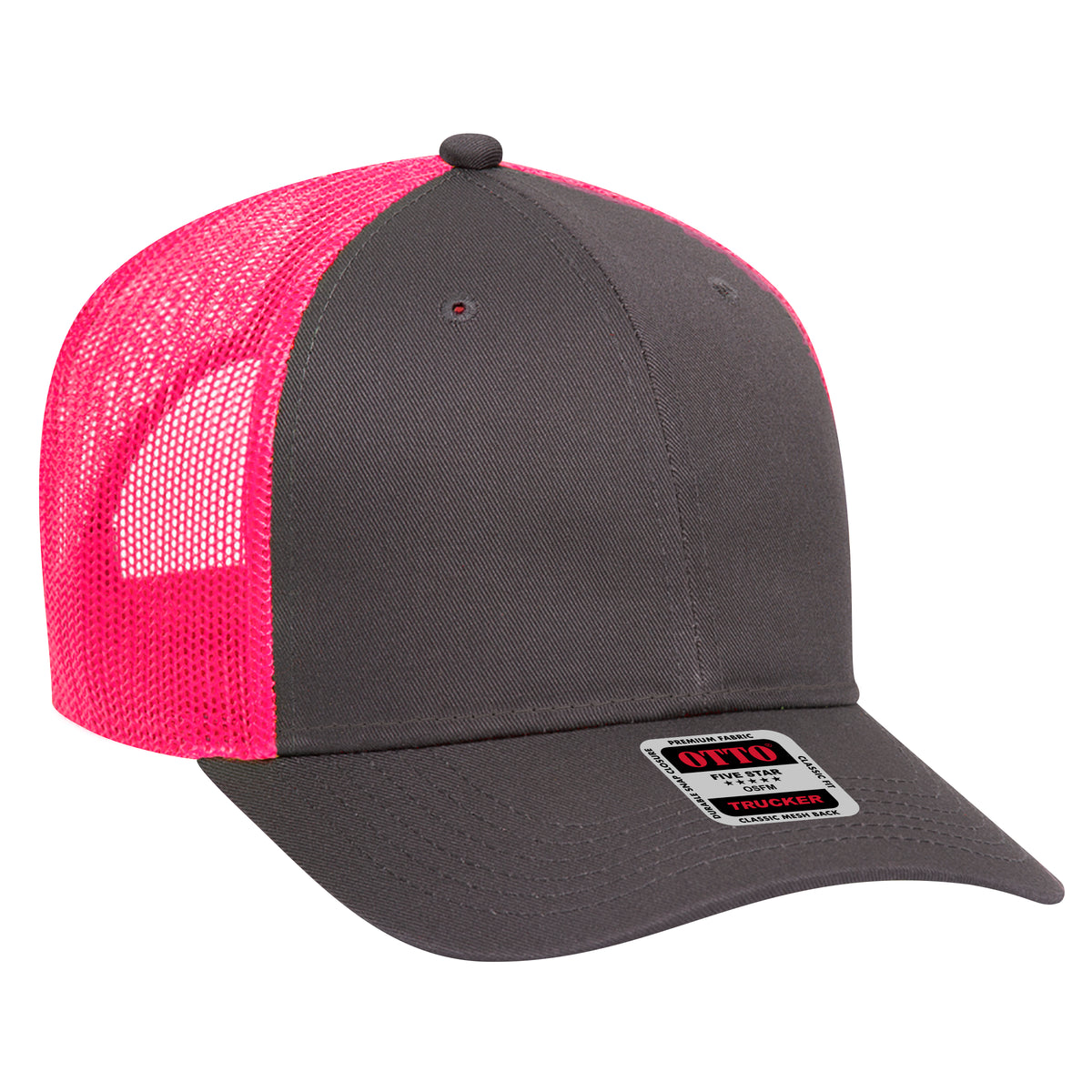 Otto Cap 83-473 6 Panel Low Profile Mesh Back Trucker Hat - Charcoal Gray/Charcoal Gray/Neon Pink